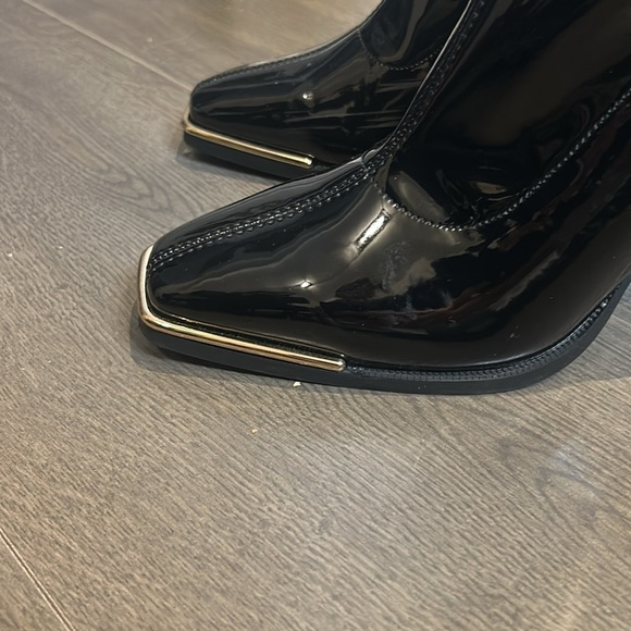 Faux Patent Leather Square Metal Toe Mid Calf Thick High Heels Go Go Boots - Picture 12 of 16